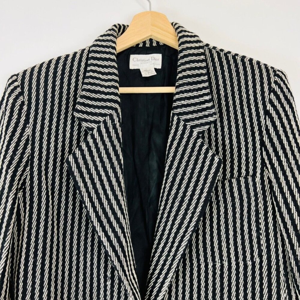 Christian Dior Vintage Black and Cream Striped Wool Tailored Blazer Jacket UK 14 - Picture 3 of 12